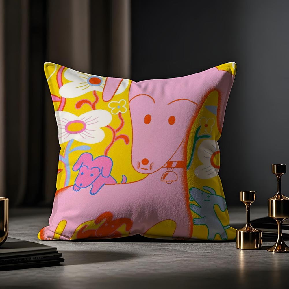 Cute Illustration Art Cushion Cover Anti-dustmite Pillowcase Invisible Zipper Silky Short Plush Sofa Cushion Cover