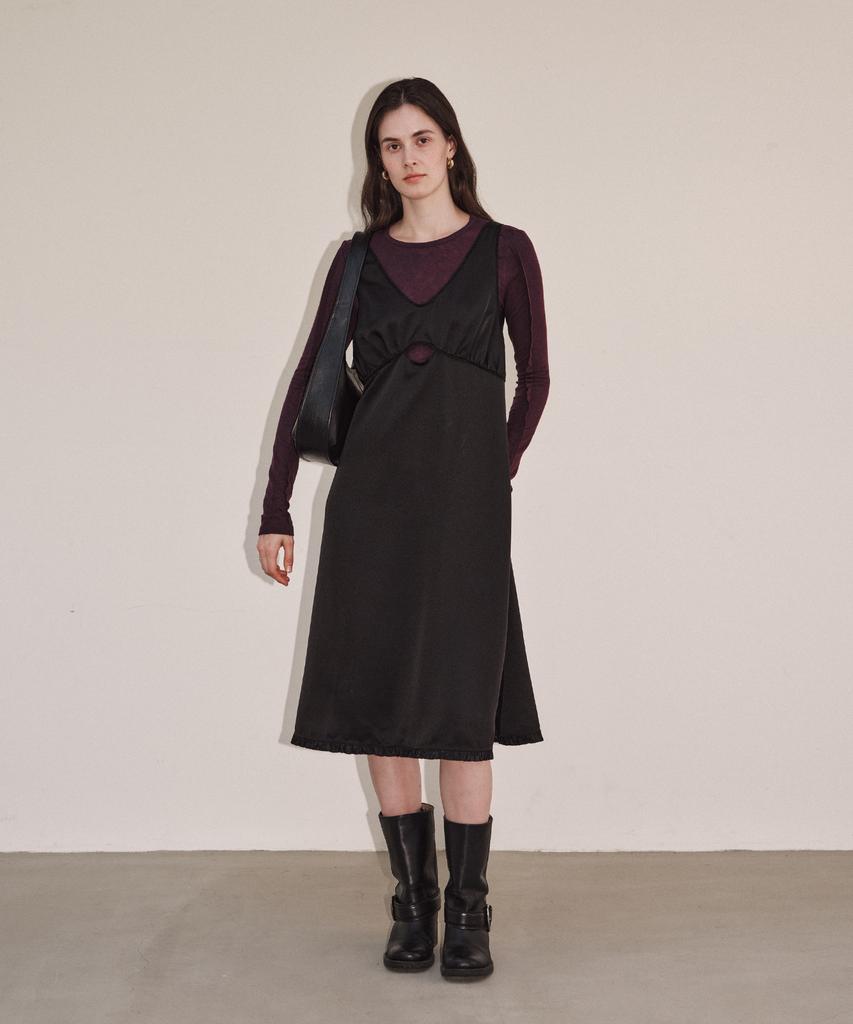 LEUNI Emma Satin Shirred Dress - Black