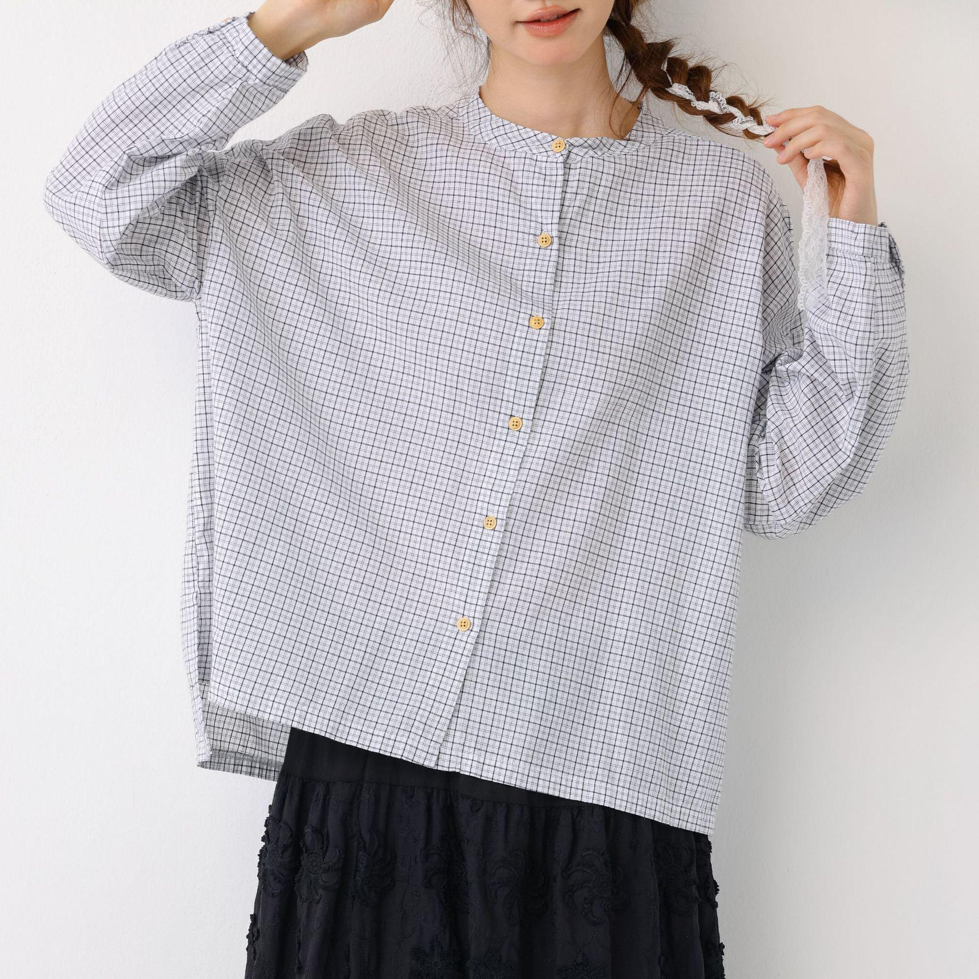 

2026 Spring Retro Plaid Round Neck Long Sleeve Loose Casual Cardigan Top One Size