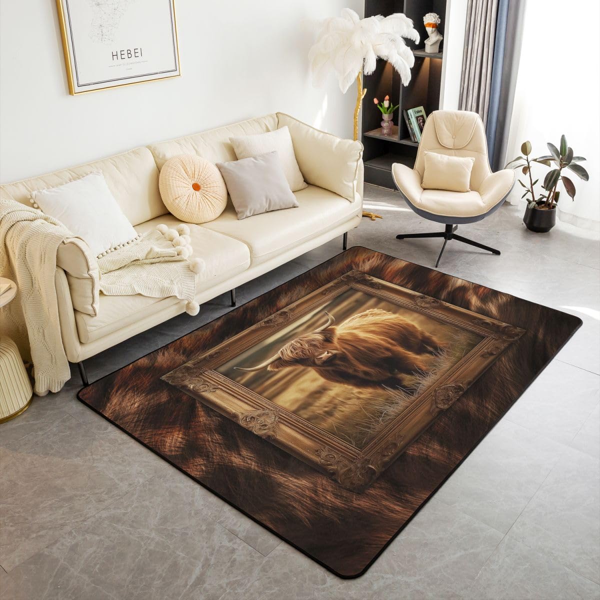 

Erosebridal Highland Cattle Area Rug 3x5 Rustic Western Farmhouse Living Room Rug Non Slip Brown Highland Cow Woodland Animal Carpet for Bed 160cm x 200cm
