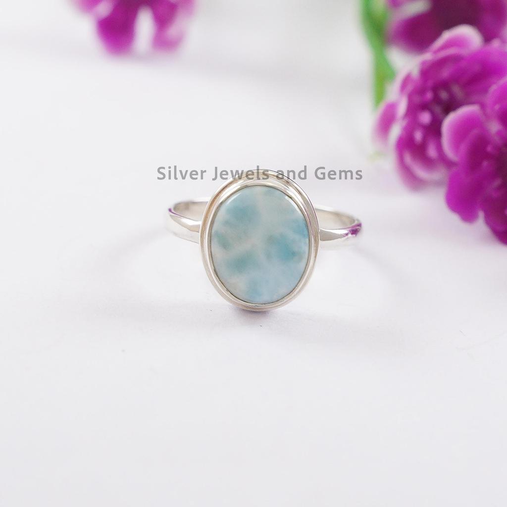 Bague Larimar Naturelle, Bague Pierre Bleue, Argent Sterling 925 Fait Main, Bague Fine Ovale, Cadeau de Mariage