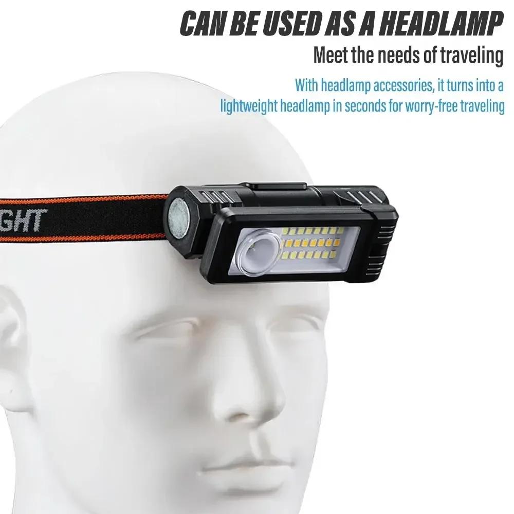 Rechargeable Camping LED Flashlight Work Light with Headband and Hook Headlamp Waterproof 6 Lighting Modes Suitable Night Work