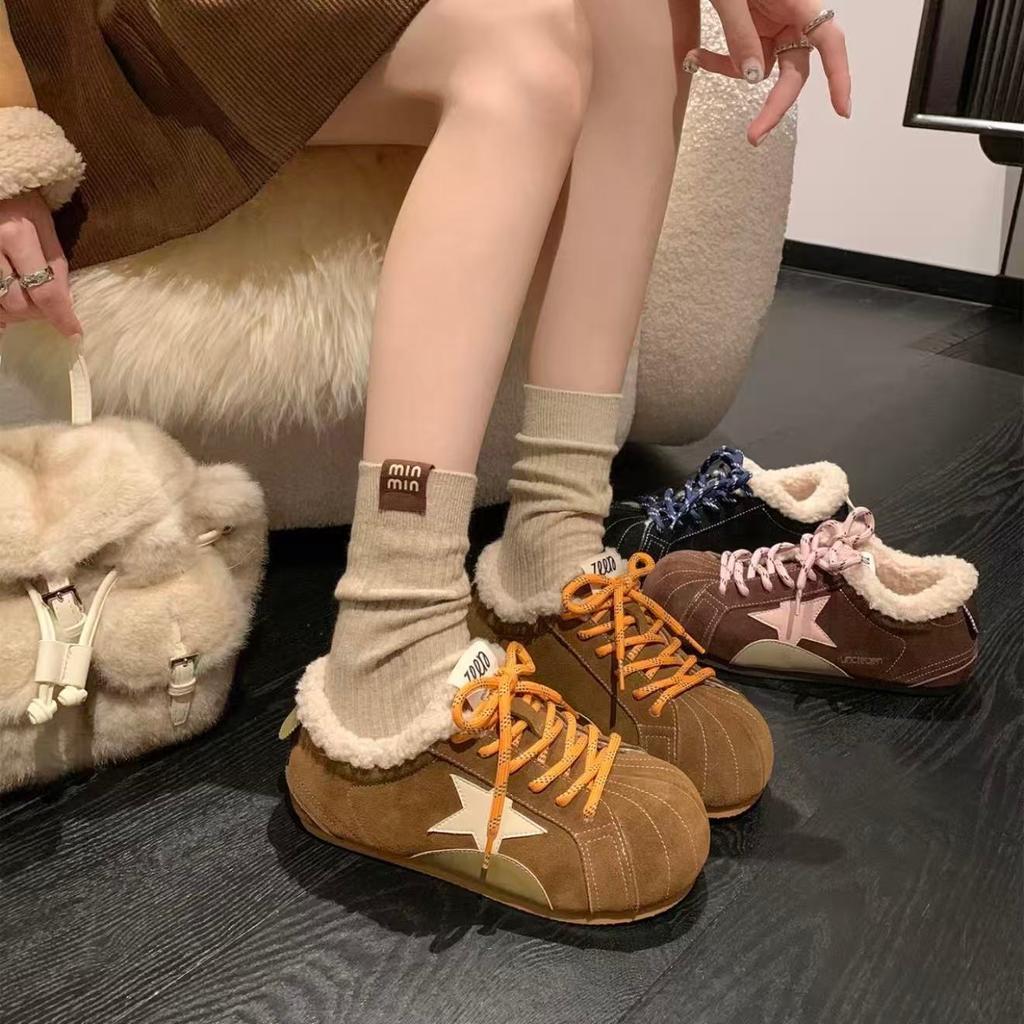 Retro German Training Shoes Women's Autumn and Winter Velvet Warm Fluffy Cotton Shoes Cute Ugly Cute Soft Leather Star Shoes Casual Board Shoes