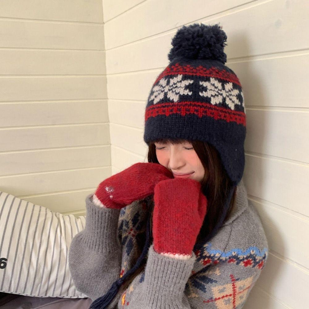 Warm Knitted Pullover Hat Korean Style Beanies Cap Sweet Jacquard Woolen Hat Autumn