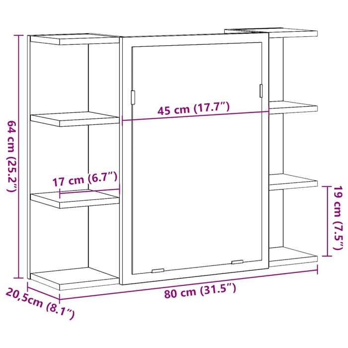 VidaXL Armoire à miroir de salle de bain chêne artisanal 80x20,5x64 cm, placard à miroir, armoire murale avec miroir, 856037