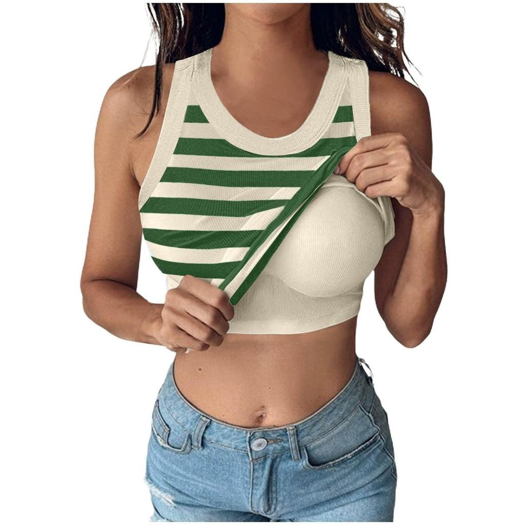 Women's Fashion With Bra Round Neck Striped Vest Sexy Bottom Top