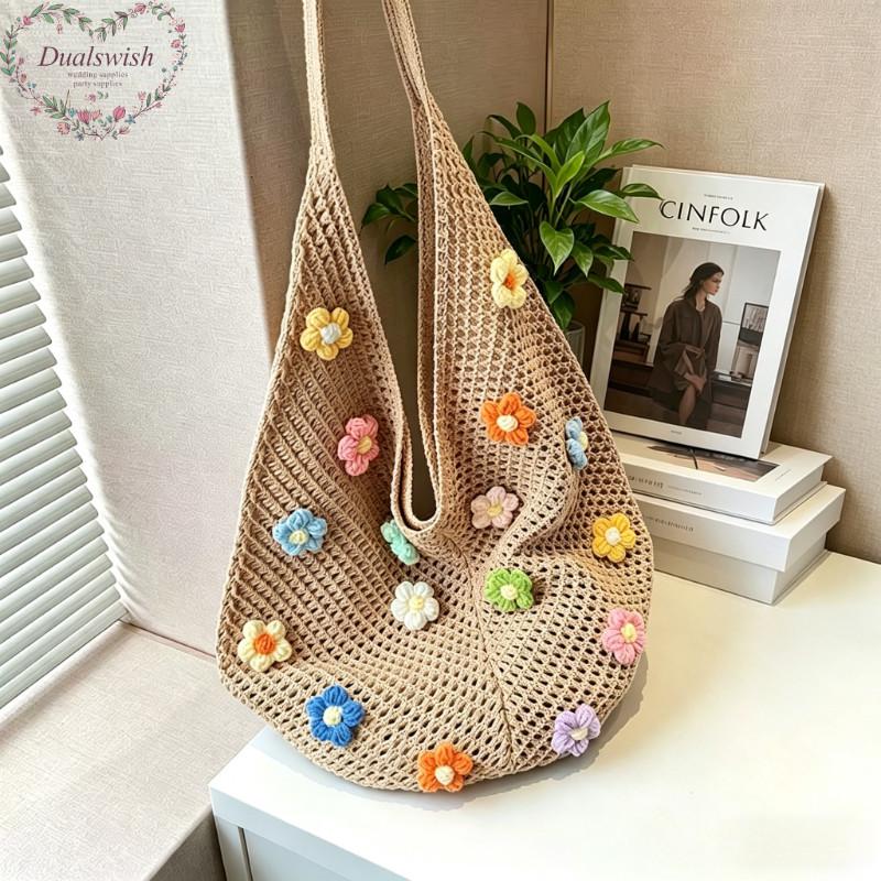 Simple Flower Hollow Knitted Beach Bag Shoulder Bag Women Vest Bag Ins Woolen Bag Shopping Tote