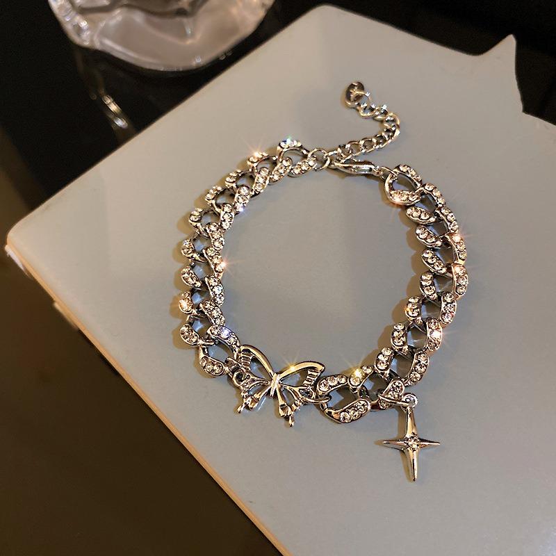 Women Exaggerated Fashion Personality Rhinestone Butterfly Cross Bracelet Hand Jewelry
