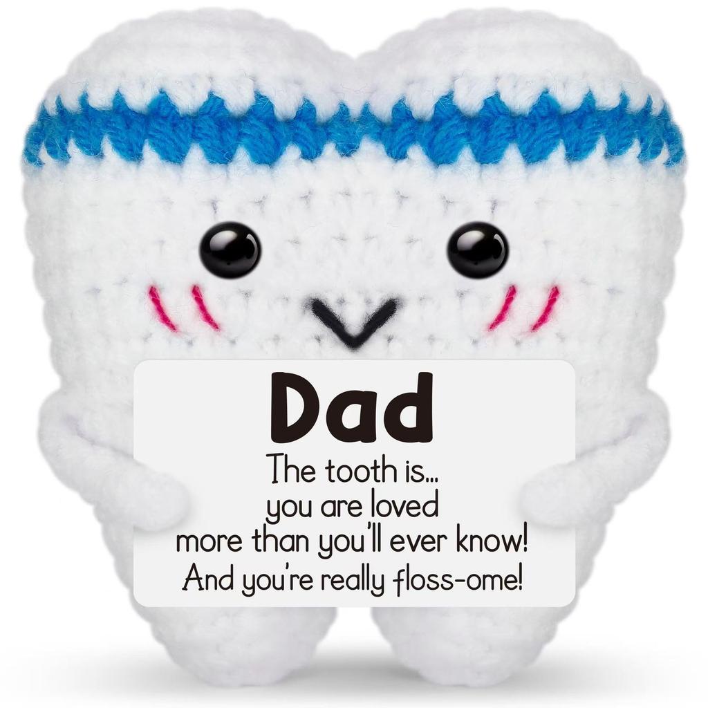 Funny Crochet Positive Energy Tooth Doll With Card Home Room Decoration Handmade Knitted Tooth Desktop Ornament Christmas Gifts