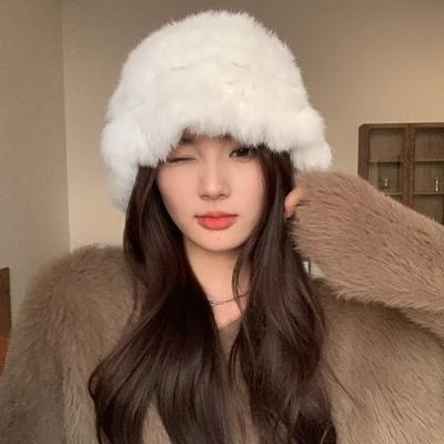 Chapeau en peluche nuage automne et hiver chapeau chaud en fourrure de lapin pour femme grand tour de tête montre petit visage chapeau cloche duveteux