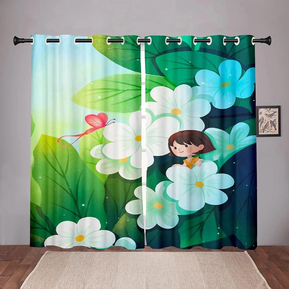 Cartoon Flower Floral Maid Girl Blackout Window Curtains for Bedroom Living Room Bathroom Kicthen Door Hall High Shading New
