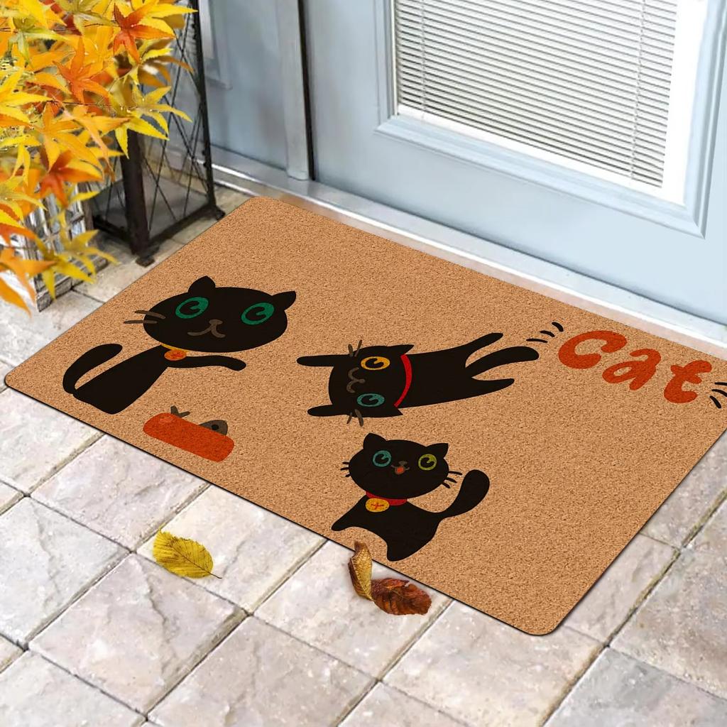 Roztomilá rohožka s kočičím motivem a siluetou černé kočky, kreslené kočičí vzory, měkký dekorativní koberec do předsíně pro domácí dekoraci, dárky