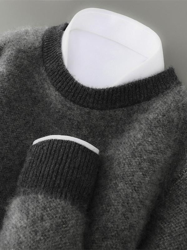 Men's Thickened 100% Pure Wool Color Block Round Neck Sweater - Casual Loose Jacquard Knit Cashmere Top