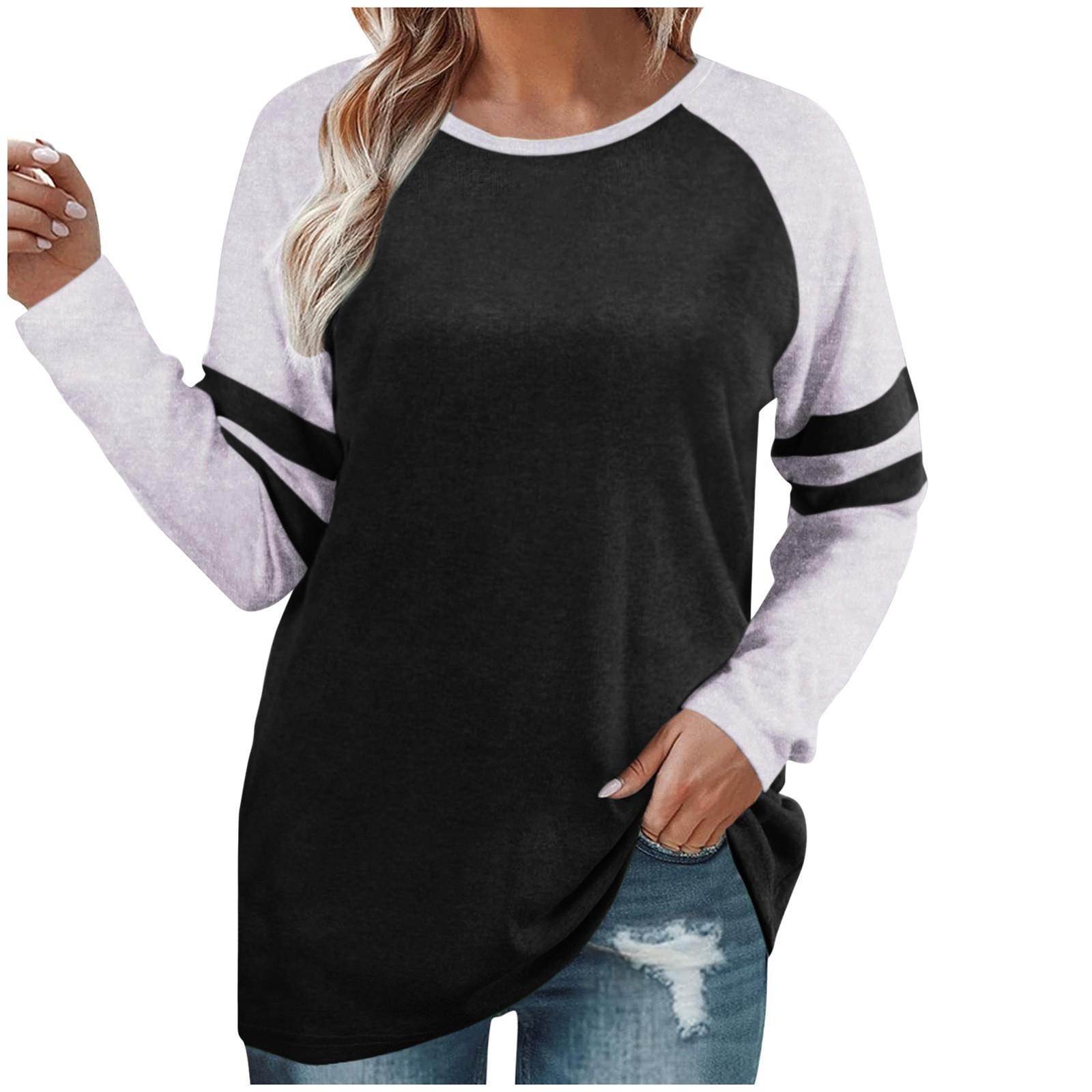 

Fashion Women Leisure Solid Color Long Sleeve Round Neck Casual Loose Tops S чорний