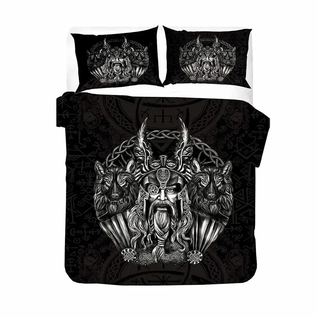 Wikinger Vintage King Queen Bettbezug Nordischer Mythos Bettwäsche Set Mittelalter Folklore Totem Quiltbezug Grau Polyester Bettbezug