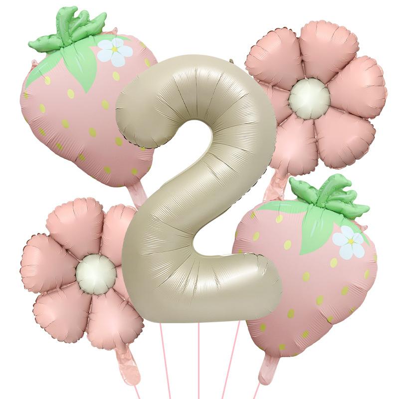 5Pcs Matte Milk White Fruit Strawberry Flower Foil Balloon with 32inch Number Balloon Berry First Birthday Summer Party Supplies