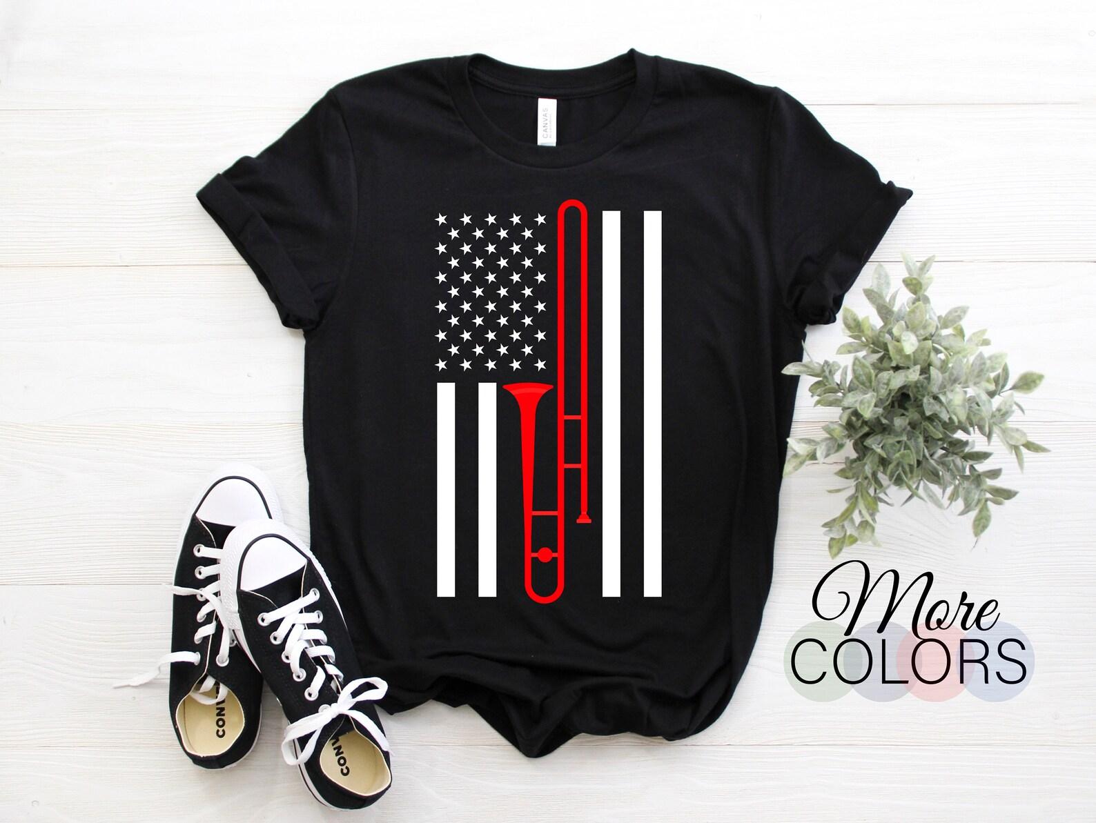 Trombone Player Band Gift American Flag T-Shirt, Perfect Christmas Birthday Present Who Play Trombone Music Instrut Graphic Tees Outfit 110
