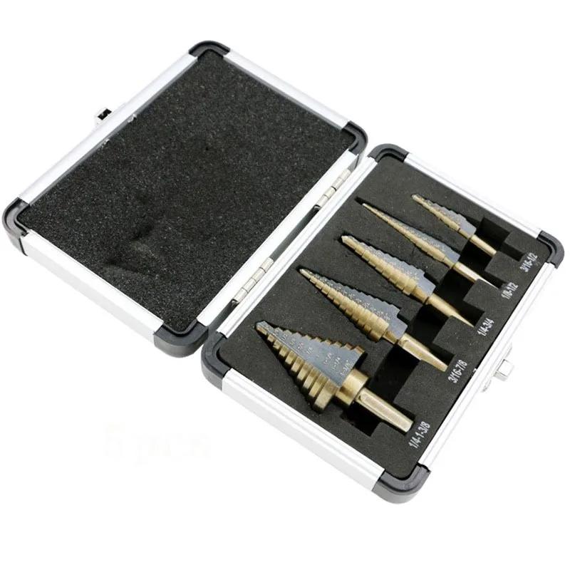 5pc British System Roasted Yellow Triangular Straight Groove Step Drill Blackened Pagoda Drill Hole Opener Aluminum Box Tool