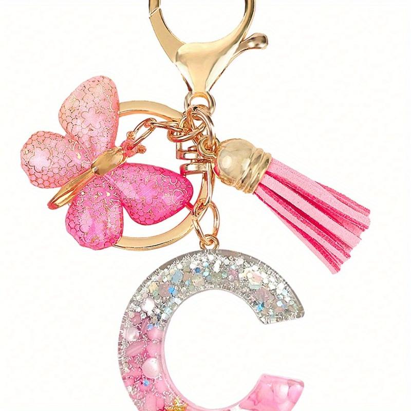 Personalized Bling Monogram Keychain for Women - Resin Letter Charm with Silvery Glitter, Pink Pebble & Gold Star Shaker - Birthday Gifts for Her