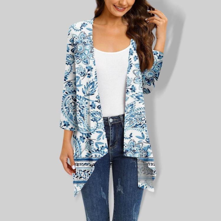 Women Cardigan Jacket With Pocket Three Quarter Sleeve Irregular Print