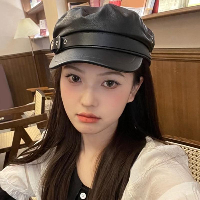 PU Painter Hat Flat Hat British Beret for Dating Photography Cabbie Headwear Painter Hat with Star Grommet Hat