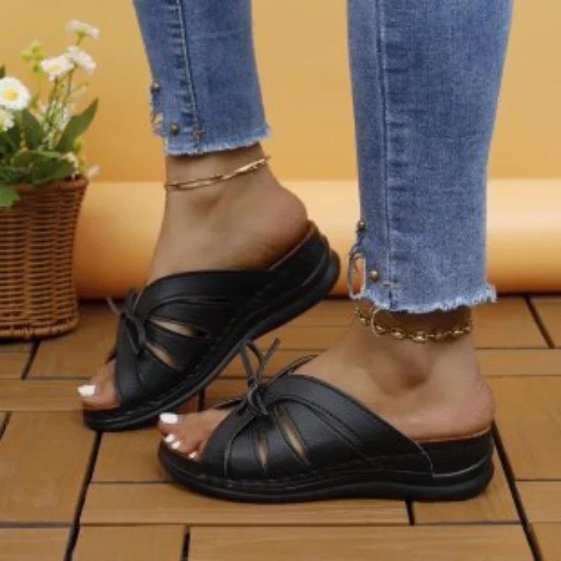 Fashion Women Bow Wedges Slippers Platform High Heels Shoes Summer Beach Flip Flops Female New Fashion Sandals Casual Slides Big Size 43