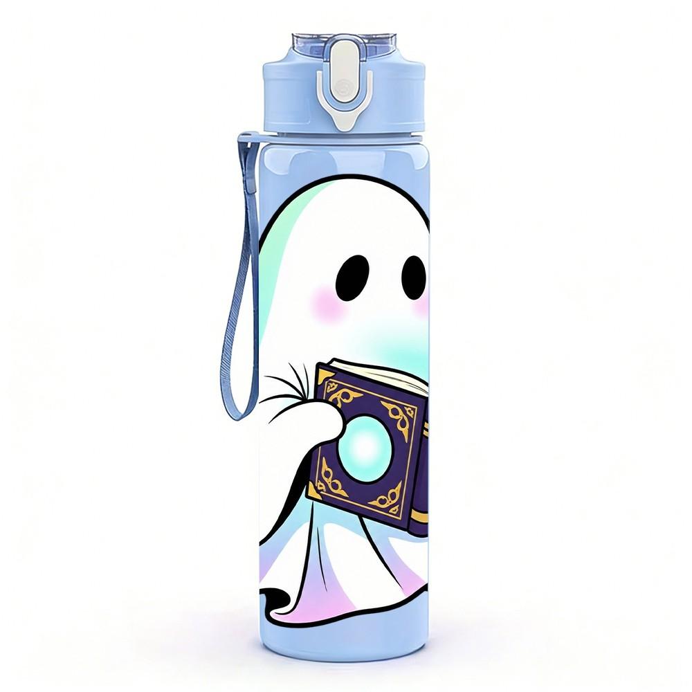 1PC Ghost Cat Reading Book Halloween Print 750ml Color Plastic Sports Water Bottle Leakproof Flip Straw Lid Suitable for Sports Office Home Use