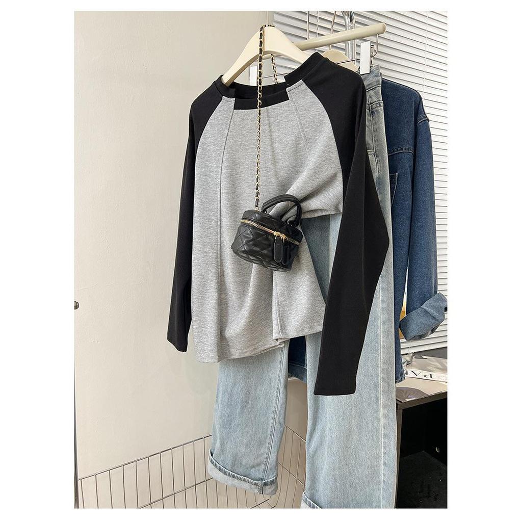 Korean Style Retro Color Block Long Sleeve Women's Casual Top - Autumn/Winter Loose Fit