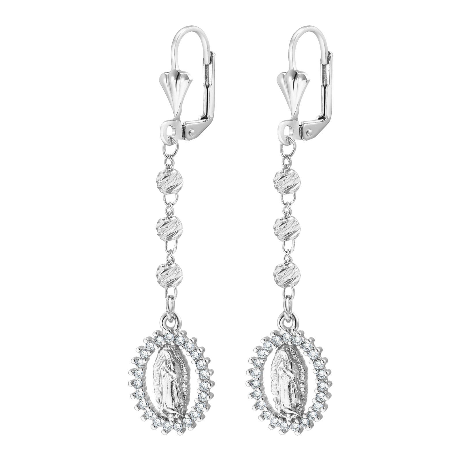 Virgin Mary Cubic Zirconia Dangle Earrings Women, Gold Plated Long Drop Earring, Religious Virgen De Guadalupe Jewelry