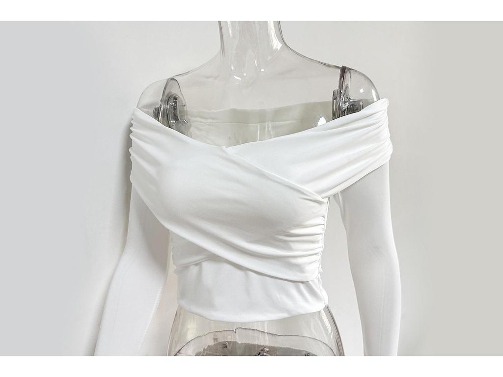 2024 European & American Autumn/Winter Women's Sexy Deep V Long Sleeve Pleated Off-Shoulder Top