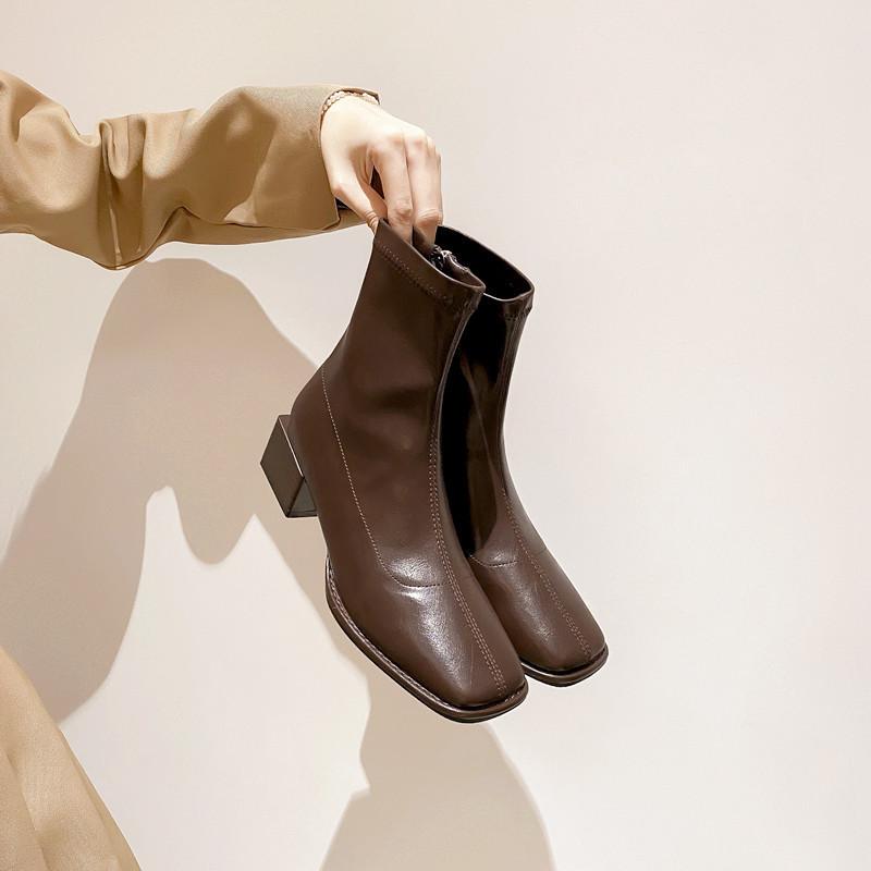 Women's Casual Chunky Block Heel Ankle Boots Non-Slip Faux Leather Square Toe Combat Booties for Women Comfort Fall Winter Low Heels Short Boots Shoes