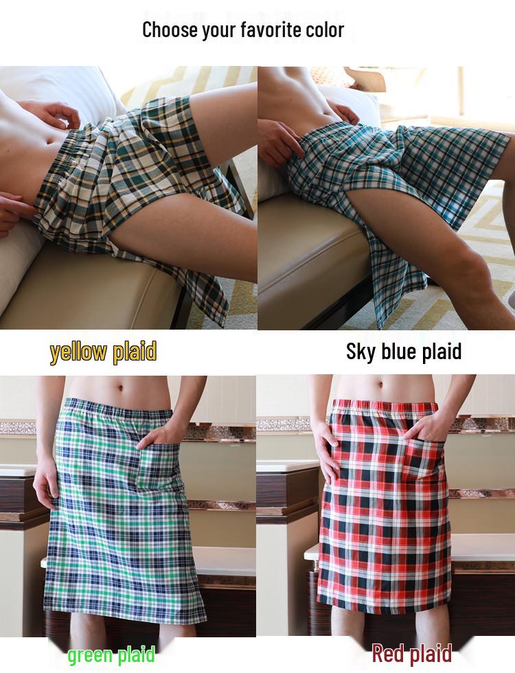 Men's Plaid Cotton Nightgown - Breathable, Sweat-Absorbing Casual Home Bath Skirt 015JJQ