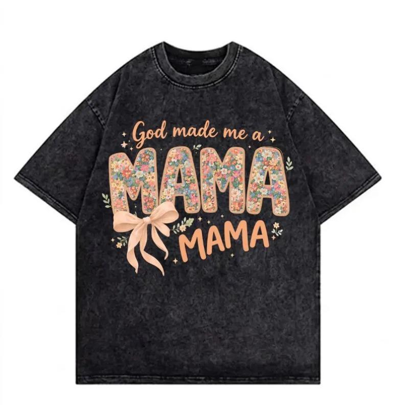 Boho Vintage Washed Letter Floral Print T-Shirt Retro Mother's Day Bow Graphic Tee Casual Loose Fit Short Sleeve Tops for Women