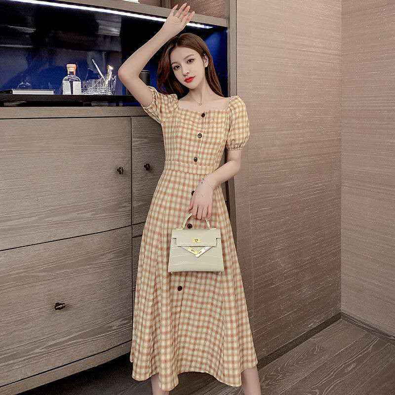 Summer New Square Neck Plaid Bubble Sleeve Temperament Fashionable Waist and Thin French Retro Knee Dress Women's Clothing