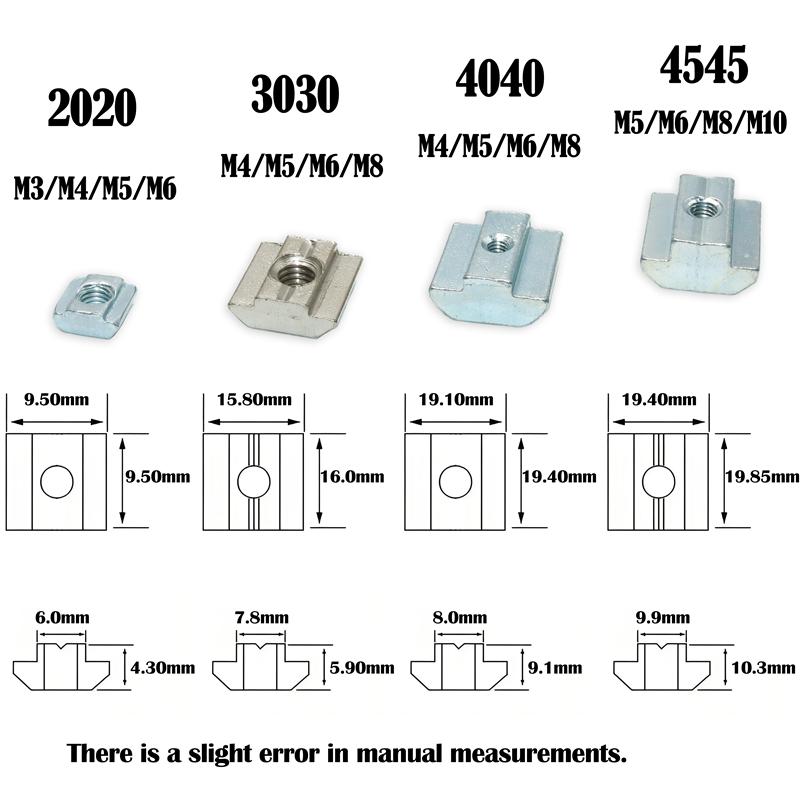 50/100pcs/lot T Block Square Nut M3 M4 M5 M6 M8 T-Track Sliding Hammer Nut for 20 30 40 45 Aluminum Profile Slot Connector Accessor