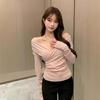 Gentle wind V-neck long-sleeved T-shirt for women's autumn and winter, slim-fitting waist temperament bottoming shirt, design sense and thin top