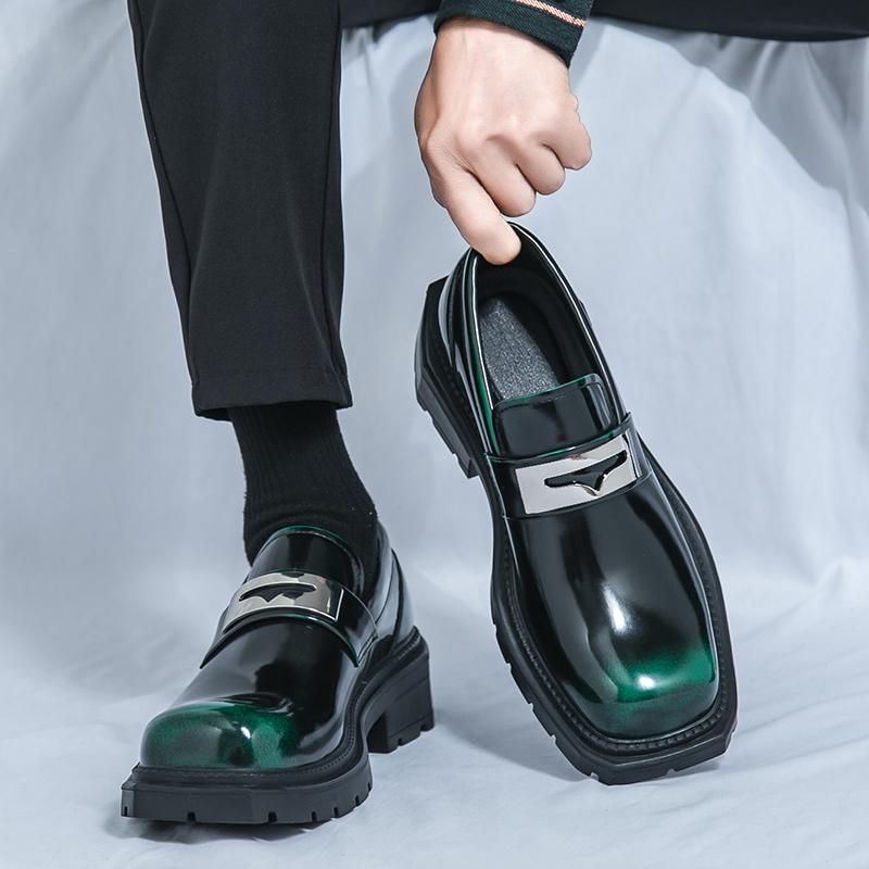 Fashion Spring New Green Thick Soled Loafers Metal Buckle Waterproof Platform Square Toe Business Casual Shoes Adult Men's Wedding Shoes