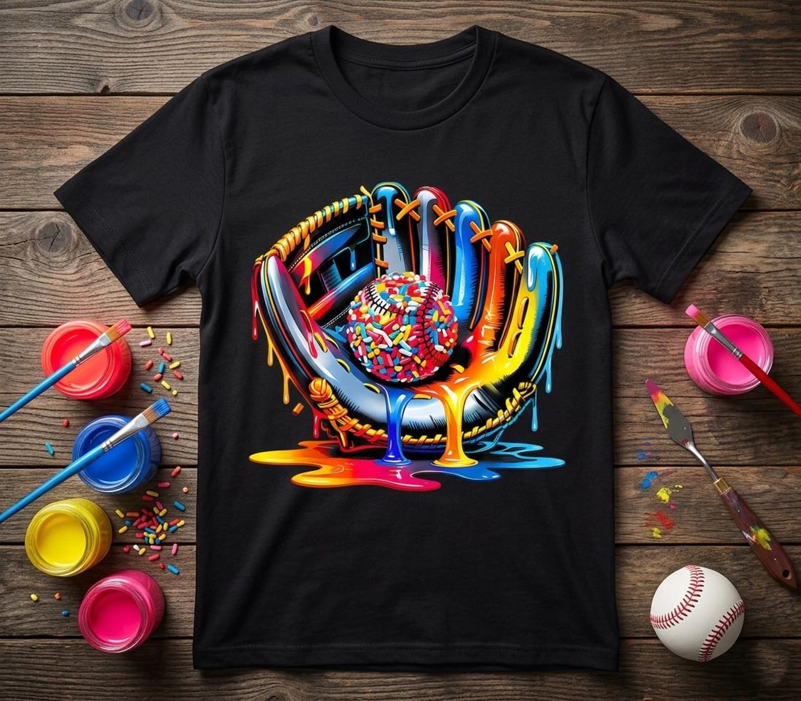 Boys Baseball Drip Shirt, Ice Cream Sprinkle Glove Tee, Sports Lover Gift 2XL