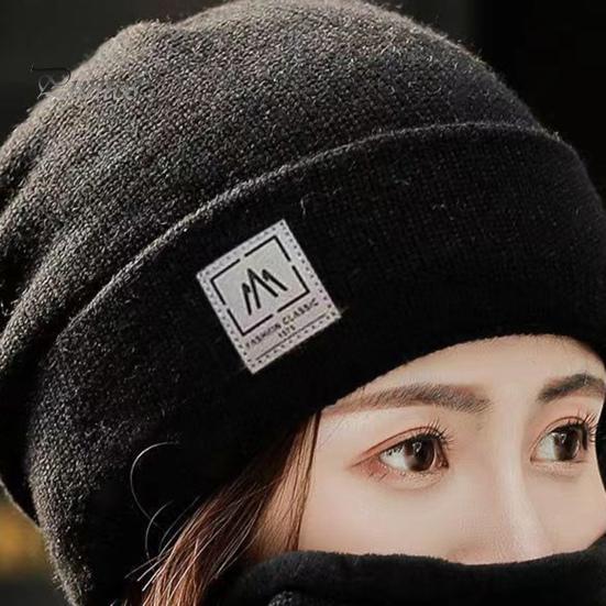 2 Pcs/Set Lady Winter Beanie Scarf Sert Knitted Elastic Ear Protection Brimless Windproof Cap Neck Wrap Set Outdoor Cycling Skiing Headwear