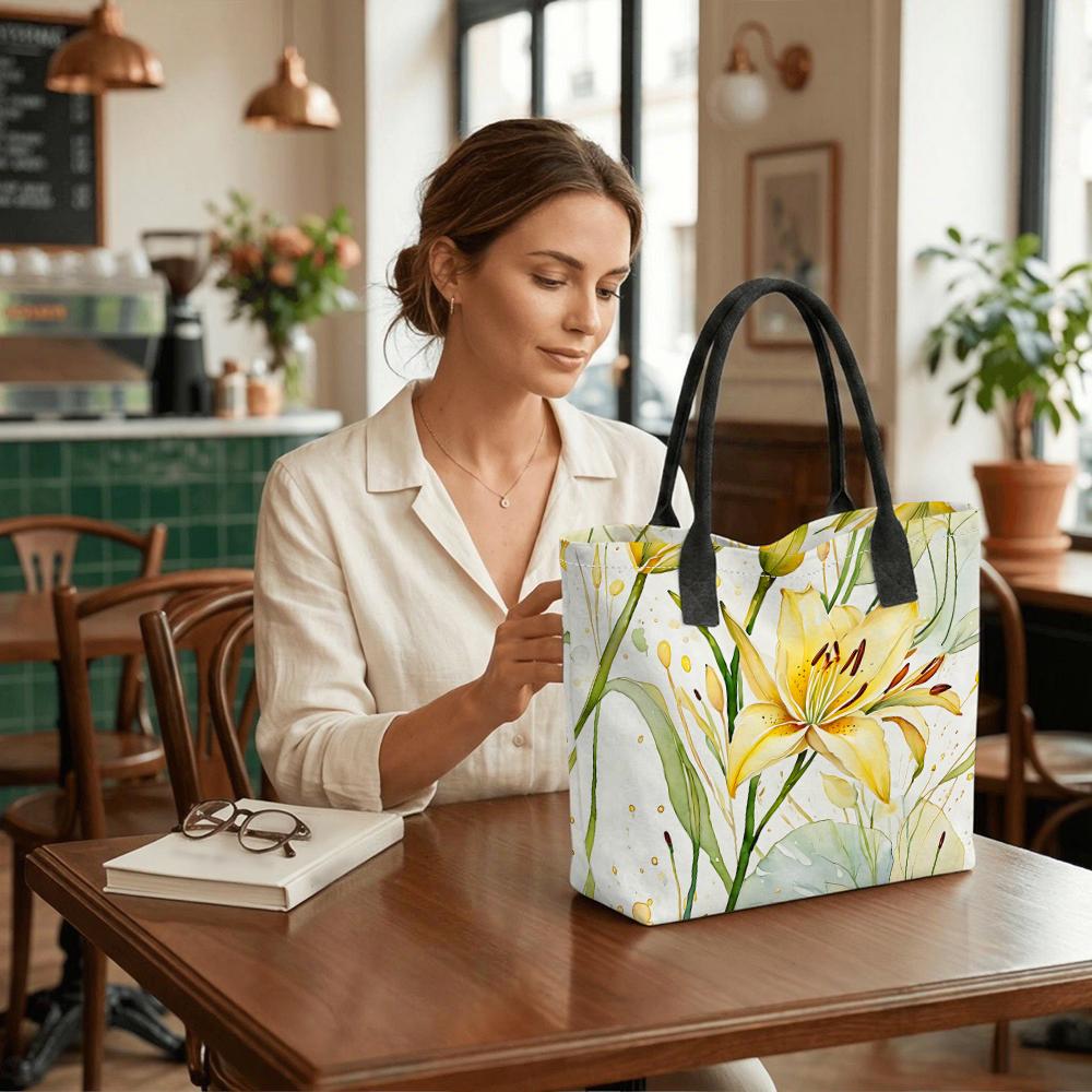 Yellow Lily Print Tote Bag Large Capacity Casual Portable Shoulder Bag for Daily Use Shopping Travel