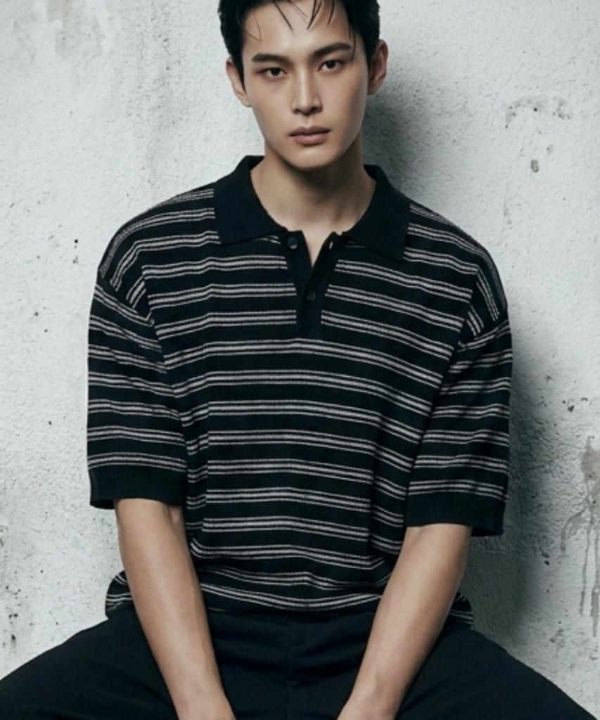 CHAMBROS Oversized Collared Short Sleeve Knit [Black]