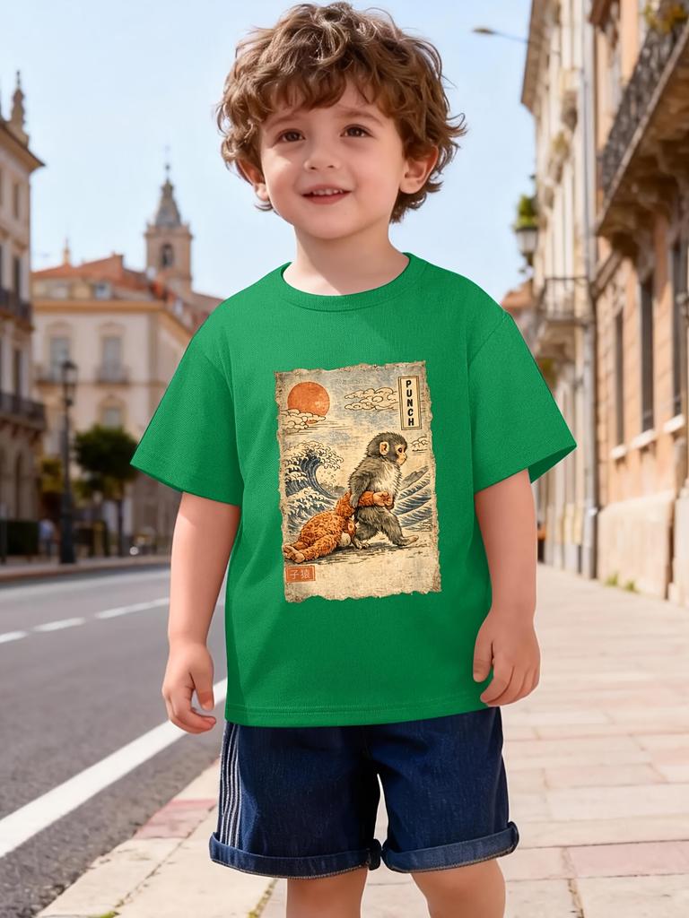 Vintage Ukiyo-e Style Monkey Retro Wave Art Graphic Print T Shirt Family Matching Boys Girls Kids Casual Short Sleeve Tops