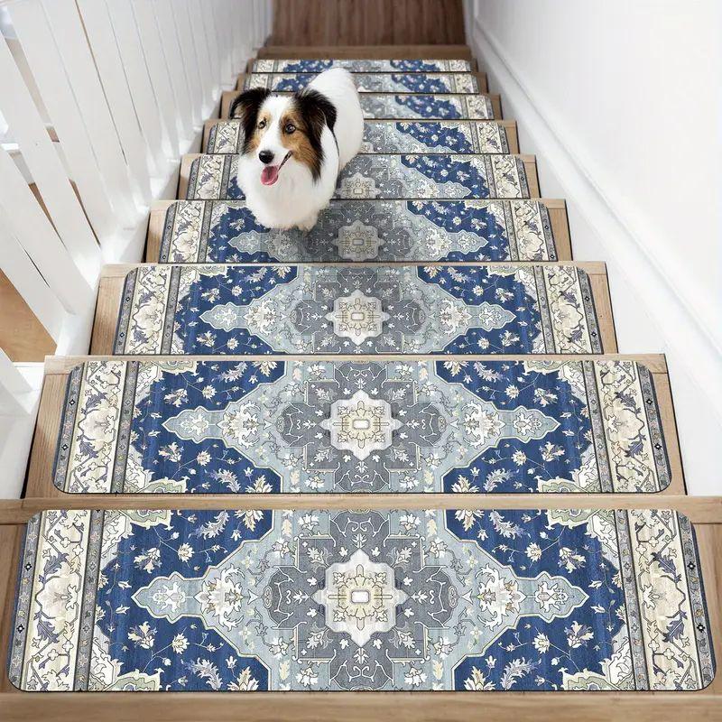 4/7/10/15pcs Bohemian Stair Treads Reusable Rubber Indoor Safety Mats for Pets Children Elderly Non-Slip Stair Carpet