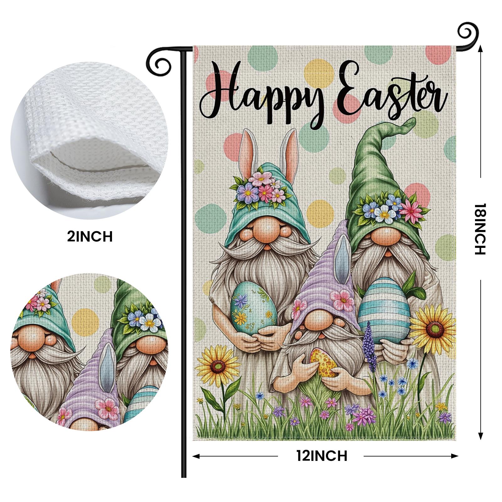 Happy Easter Gnomes Garden Flag 12x18inch Double Sided Spring Bunny Ears Gnome Yard Flag Polka Dot Easter Eggs Outdoor Decor