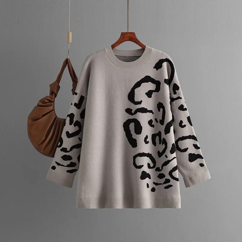 Sweater Women Leopard Printed Pullovers Loose Long Sleeve O-Neck Knitted Jumpers Warm Basics Autumn Winter Fashion Tops