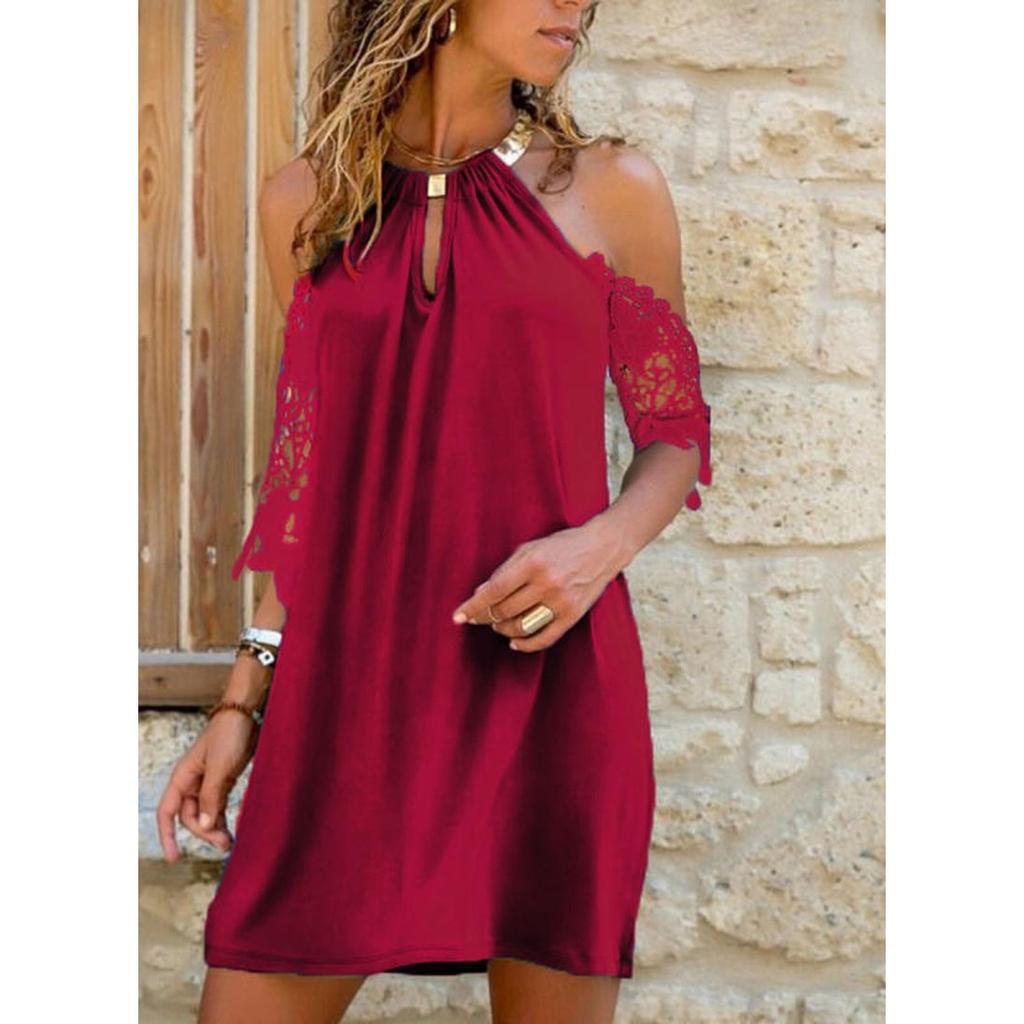 Summer Fashion Women's Sleeveless Strapless Halter Pure Color Lace Hollow Casual Short Mini Dress