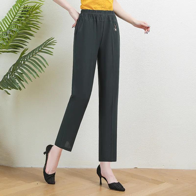 Women Ice Silk Elastic Pants Solid Color High Waist Loose Casual Pants Middle Aged Female Elastic Straight Leg Pants