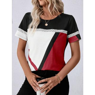 Women's T Shirt Graphic Casual Short Sleeve Round Neck Regular Tops Daily Patchwork Print Red Blue Khaki Summer