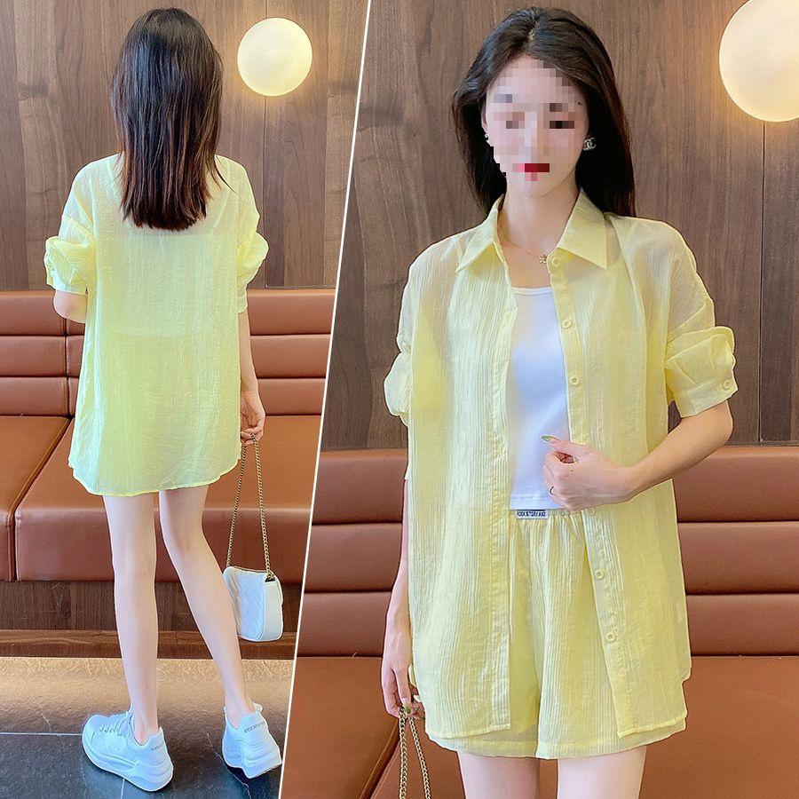 Chic Sun Protection Outfit: Women's Petite, Loose-Fit Three-Piece Set - Outer Shirt and Shorts for Summer