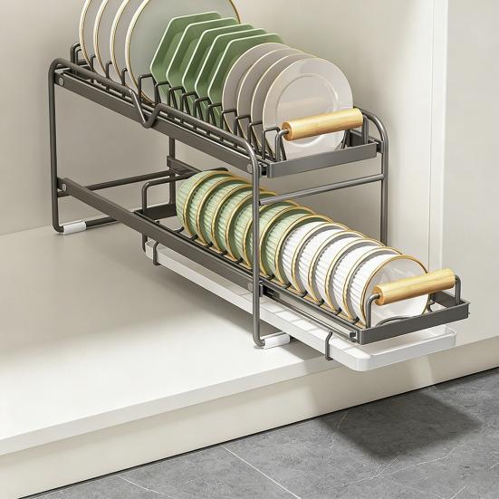 Dish Storage Rack Drawer Type Carbon Steel Frame Wooden Handle Organizer Rational Use of Space Drying Rack for Kitchen